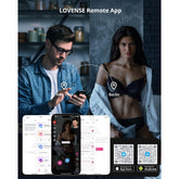 A man in New York is using his phone to control a Lovense Ridge Vibrating and Rotating Anal Beads via the Lovense remote app, delivering powerful stimulations. Meanwhile, a woman in Berlin, dressed in lingerie, stands looking at the camera. The app's interface is visible on a smartphone screen, with two QR codes below for downloading on AppStore and Android.